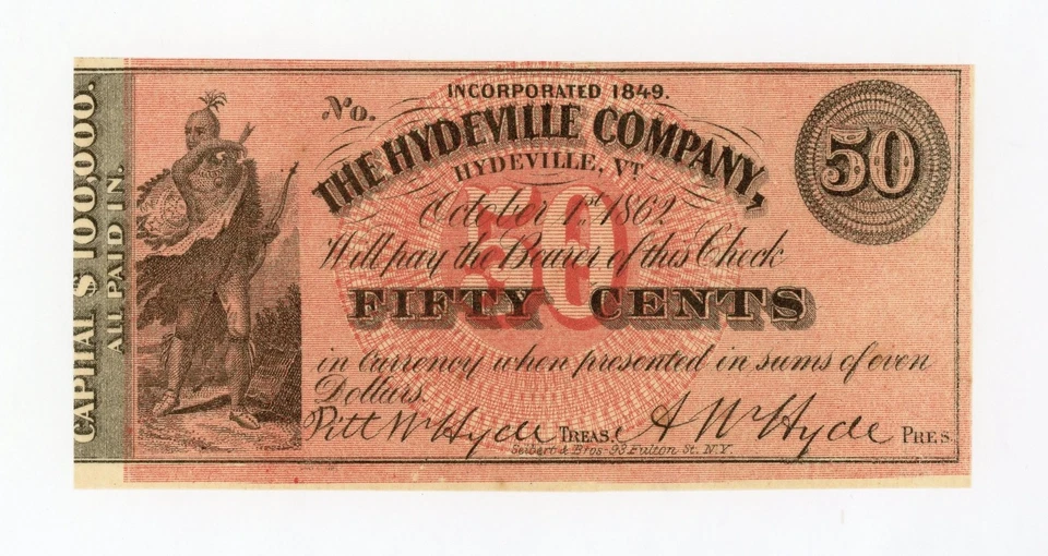 1862 50c The Hydeville Company - Hydeville, VERMONT Note CU - Image 1 of 2