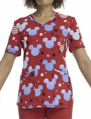 NWOT Disney Mickey Mouse Patriotic Stars V Neck Medical Scrub Top Women's Size M - Image 1 of 4