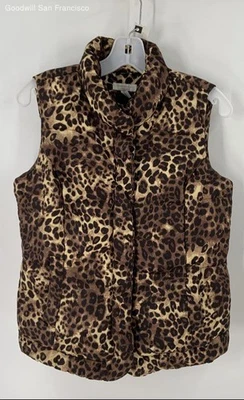 Charter Club Brown Leopard Print Pockets Full Zip Puffer Womens Vest Size SM - Image 1 of 3