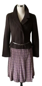 VTG  CHANEL 2 pieces: Brown Cashmere Jacket Plum+Beige LOGO Pleated Silk Skirt 8 - Picture 1 of 11