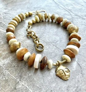 Boho Tribal Necklace Trade Bone, Ashanti Glass, Agate, African Ethnic Brass Bead - Picture 1 of 8