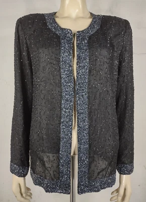 Laurence Kazar Negro Cuentas 100% Seda Chaqueta de Noche Mujer Grande Foto 1 de 4