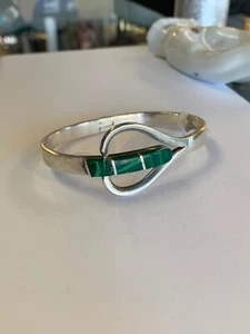 Bracciale Taxco Messicano Malachite Chiusura Argento Sterling - Foto 1 di 5