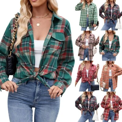 Women's Long Sleeve Check Plaid Flannel Button-Up Shirt Chest Pocket Oversized - Image 1 of 4