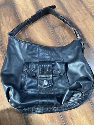 Judith Ripka Black Leather Large Hobo Shoulder Bag ZipTop Turn Lock Pocket - Image 1 of 4