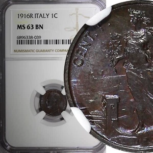 Italy Vittorio Emanuele III Bronze 1916 R 1 Centesimo NGC MS63 BN KM# 40 (039) - Picture 1 of 5