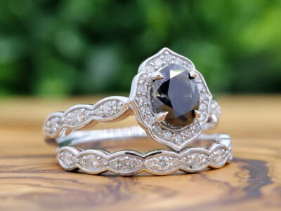 1.67Ct Black Oval Cut CZ Engagement Wedding Ring Set Solid 14K White Gold - Image 1 of 3