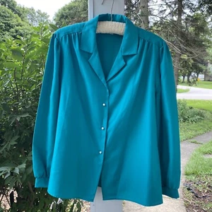 Vintage Joanna Womens Blouse Top Plus 20W Teal Pearl Buttons Long Sleeve 80s 90s - Picture 1 of 7