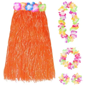 ORANGE HULA LONG SKIRT 5 PC TROPICAL LEI SET HAWAIIAN LUAU SUMMER FANCY DRESS - Picture 1 of 8