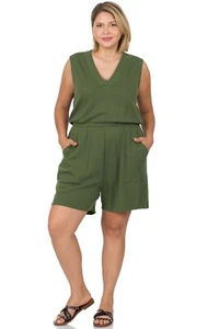 Zenana Sleeveless V-Neck Romper With Pockets In Army Green Plus Size 3X - Picture 1 of 4
