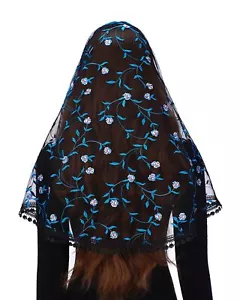 Catholic Church Mantilla Veil Blue Floral Lace D Shape Head Covering for Wome... - Picture 1 of 7