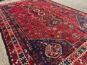 5x8 ANTIQUE ORIENTAL RUG HAND-KNOTTED VINTAGE RED BLUE HANDMADE geometric heriz - Picture 1 of 17
