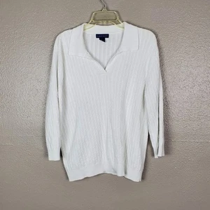 Karen Scott White Cotton Cable Knit 3/4 Sleeve V-Neck Collared Sweater XL - Picture 1 of 4