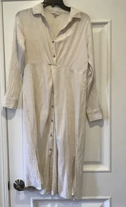Sim Sam Dress Off White Linen Blend Long Sleeve Maxi Button Front Size Large - Picture 1 of 7