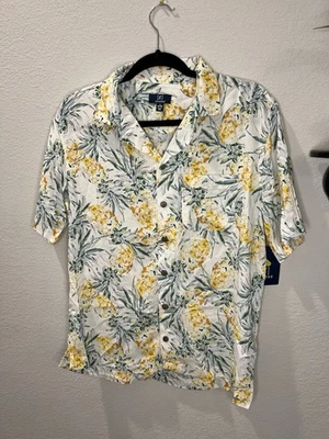 Camisa Hawaiana George Livaeco Nueva con Etiquetas Blanca Amarilla Verde Piña Abotonada Talla S  Foto 1 de 4