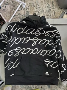 ADIDAS Big Girls Script Fleece Hoodie Pullover Black/ Silver Size L - 14 NWT!! - Picture 1 of 2