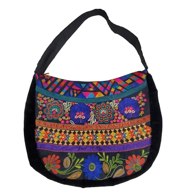 Bolso de Mano Hobo Grande de Tela Bordado Arte Popular Cinta Bohemio Terciopelo Lados Foto 1 de 4