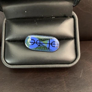 Blue Baked Enamel MCM Copper Tie Clip / Clasp: Abstract Art Colorful Glass Inlay - Picture 1 of 4