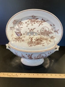 THOMAS ELSMORE & SON PARISIAN GRANITE BROWN TRANSFER TUREEN AND PLATTER 1878 - Picture 1 of 10