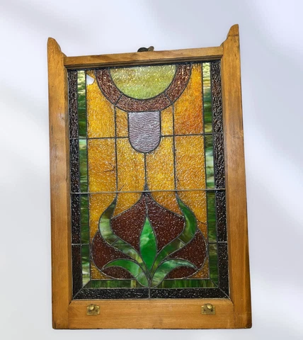 ANTIQUE STAINED GLASS WINDOW SASH VICTORIAN 34 1/2” X 24 3/8” Cover