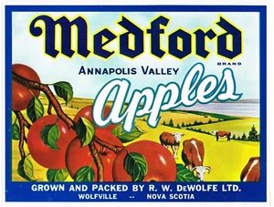 ORIGINAL VINTAGE APPLE CRATE LABEL CANADA 1950S MEDFORD WOLFVILLE NOVA SCOTIA  - Picture 1 of 1