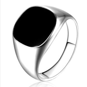 Men's Stainless Steel Ring Band Solid Alloy Biker Signet Ring Black Silver
