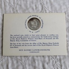 DENMARK 1964 PRINCESS ANNE MARIE SILVER 5 KRONER - presentation card
