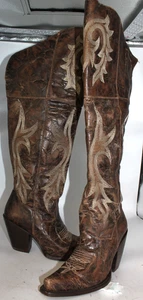 DAN POST JILTED LEATHER OTK OVERKNEES DISTRESSED BROWN EMBROIDERED BOOTS 7 M - Bild 1 von 6