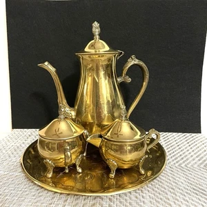 Collectible Four Piece Gold Tone Tea Set Teapot Creamer Sugar Tray READ - Picture 1 of 20