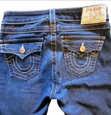 Pantalones de mezclilla ajustados True Religion vintage azul oscuro Y2K punto amarillo para mujer talla 27 Foto 1 de 4