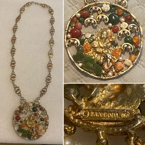 SWOBODA Vintage Carnelian, Carved Jade, Coral & More Asian Pendant Necklace - Picture 1 of 16