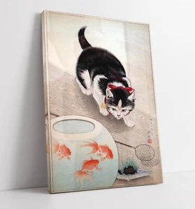 OHARA KOSON "CAT AND GOLDFISH TANK" JAPANESE -DEEP FRAMED CANVAS WALL ART PRINT - Picture 1 of 2