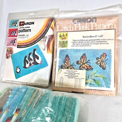 Caron Latch Hook Pattern Lot Canvas Penguin Butterflies 70s Made In USA - Image 1 of 4