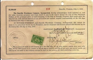 Danville Tobacco Warehouse $1000 bond 1933 Front with $1 stamp State of Virginia - Picture 1 of 2