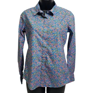 Ann Mashburn Women's Shirt S Button Front Blue Pink Green Floral Flower Collar - Picture 1 of 7