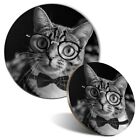 Mouse Mat & Coaster Set - BW - Geek Cat with Eye Glasses Bowtie  #37637