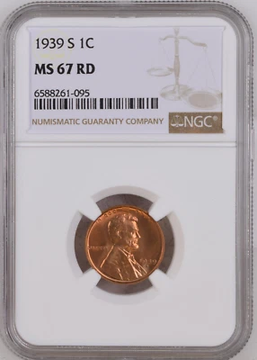 :1939-S 1C LINCOLN CENT KEY DATE NGC MS67RD SHINING RED RARITY R3 HIGHEST GRADES - Image 1 of 2