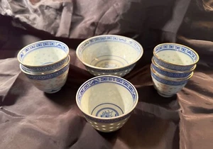 Assorted Chinese Rice Grain Glow Teacups and Bowl lot 7pc Free S/H - Picture 1 of 2