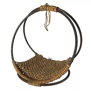 Vintage MCM Hand Woven Macrame Circular Faux Wood Magazine Firewood Holder 18.5" - Picture 1 of 9