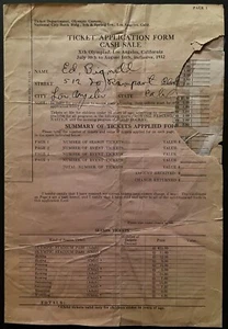 1932 Summer Olympics Ticket Application Form Los Angeles California Vintage - Picture 1 of 4