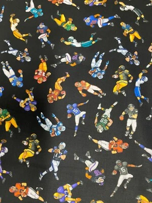 FOOTBALL PLAYERS MULTI COLOR  BLACK Cotton Fabric FQ - Image 1 of 3
