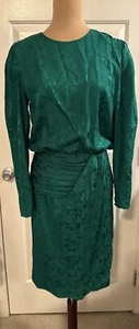 Vintage 80s Adrianna Papell Silk Embossed Emerald Green Dress Size - Picture 1 of 10