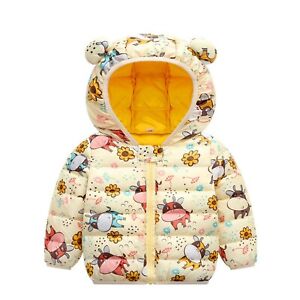 Winter Kids Baby Boys Girls Cartoon Print Bear Ear Hooded Outerwear Jacket Coat