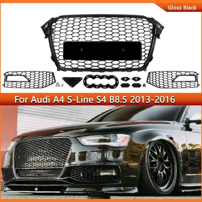 For 2013-2016 Audi A4 S-Line S4 Glossy Black Front Grill Fog Light Grille Covers — 第 1/4 张图片
