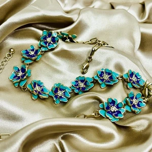 Rare VTG Phosphorescent Glow Enamel Link Floral Blue Necklace Fashion Jewelry - Picture 1 of 7