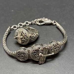 CONJUNTO Pulsera y Anillo Diseñador G Plata Esterlina 925 Filigrana Libélula Talla 8 - Imagen 1 de 18