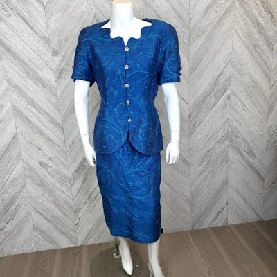 VTG 80s Skirt Suit Set Glam Power Cocktail Party Business Blue Rhinestone M/L - Image 1 of 4