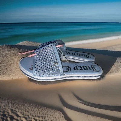 Juicy Couture Yogurt Light Blue  Mesh/Rhinestone Signature Footbed Slides Size 6 - Image 1 of 4
