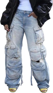 Cargo Jeans for Women Y2K High Waisted Baggy Jeans Straight Wide Leg Cargo Pants - Picture 1 of 6