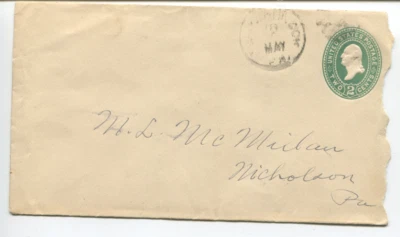 1899 Nicholson PA 2¢ Green Washington Postal Envelope U311 Early Use Cover - Image 1 of 3